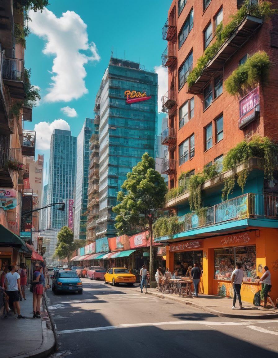 An eclectic cityscape bustling with diverse urban dwellers engaging in various pop culture activities like street art, music, and fashion. Include vibrant murals, stylish cafes, and people dressed in trendy outfits, all set against a backdrop of skyscrapers and urban greenery. Capture the essence of a lively, colorful street scene that embodies the intersection of pop culture and urban lifestyle. super-realistic. vibrant colors. urban art style.