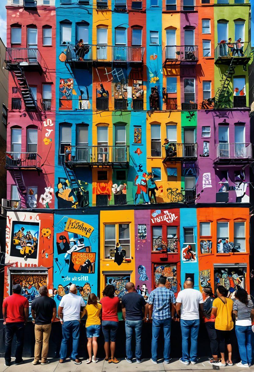 An urban scene filled with diverse people laughing, sharing stories, and engaging in comedic acts, showcasing vibrant street art and humor. Incorporate a blend of cultural symbols representing modern entertainment, like film reels, music notes, and comic strips, all set against a bustling city backdrop. Ensure expressions of joy and camaraderie are highlighted. vibrant colors. super-realistic.
