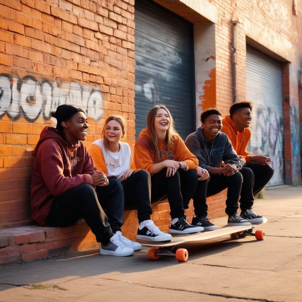 A gritty urban scene showcasing a diverse group of young people sharing laughter, dressed in streetwear, surrounded by graffiti art depicting vibrant street culture. In the foreground, a skateboard rests against a brick wall, while a warm sunset casts an orange glow highlighting the camaraderie. Add elements of humor and candid expressions to capture the essence of street life. urban art style. vibrant colors. super-realistic.